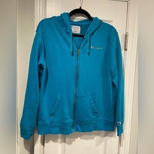 Champion Size M Turquoise Full Zip Cotton Blend Hoodie Sweatshirt Pockets